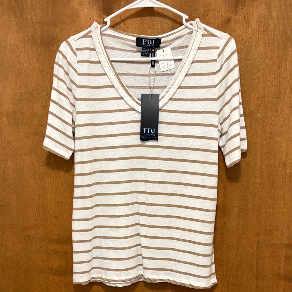 538. FDJ Cream & Tan Stripe V-Neck Women's Top